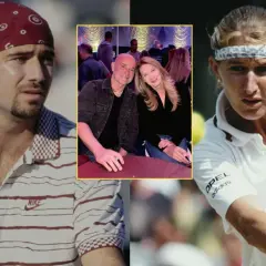 Andre Agassi w bandanie i Steffi Graf w akcji. W środku para, Andre Agassi i Steffi Graf, razem.