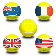 Pięć piłek tenisowych symbolizujących Wielki Szlem: Australian Open, French Open, Wimbledon i US Open, z flagami narodowymi.