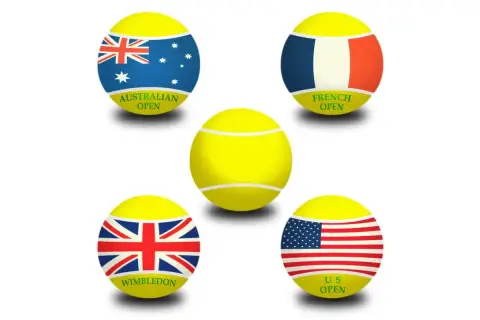 Pięć piłek tenisowych symbolizujących Wielki Szlem: Australian Open, French Open, Wimbledon i US Open, z flagami narodowymi.