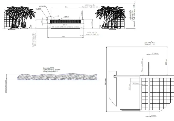 Wymiary boiska do siatkówki plażowej, w tym wysokość siatki w tenisie (0,8m) i głębokość piasku (40cm).