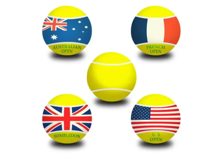 Pięć piłek tenisowych symbolizujących Wielki Szlem: Australian Open, French Open, Wimbledon i US Open, z flagami narodowymi.