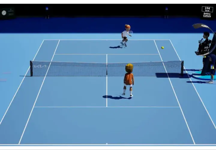 Animowana grafika z meczu tenisowego na niebieskiej nawierzchni Australian Open.