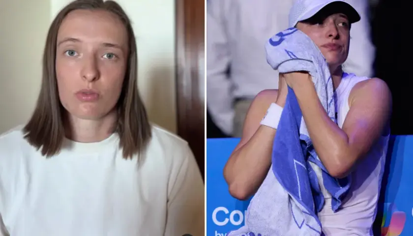 Iga Świątek, zmęczona po meczu, wyciera twarz ręcznikiem. Po drugiej stronie wideo, Iga Świątek w białej bluzie.