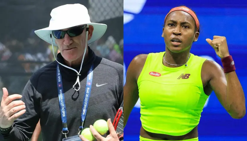 Trener Coco Gauff, w białym kapeluszu, omawia strategię z zawodniczką.