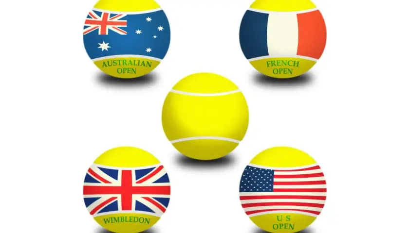 Pięć piłek tenisowych symbolizujących Wielki Szlem: Australian Open, French Open, Wimbledon i US Open, z flagami narodowymi.