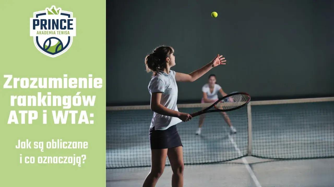Dziewczyna serwuje piłkę tenisową, przygotowując się do zdobycia punktów WTA. Obok logo Akademii Tenisa Prince.