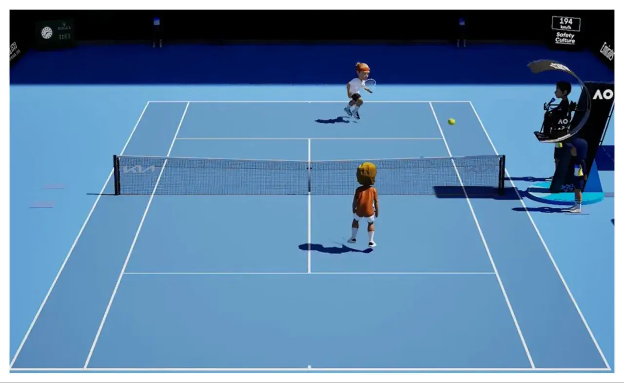 Animowana grafika z meczu tenisowego na niebieskiej nawierzchni Australian Open.