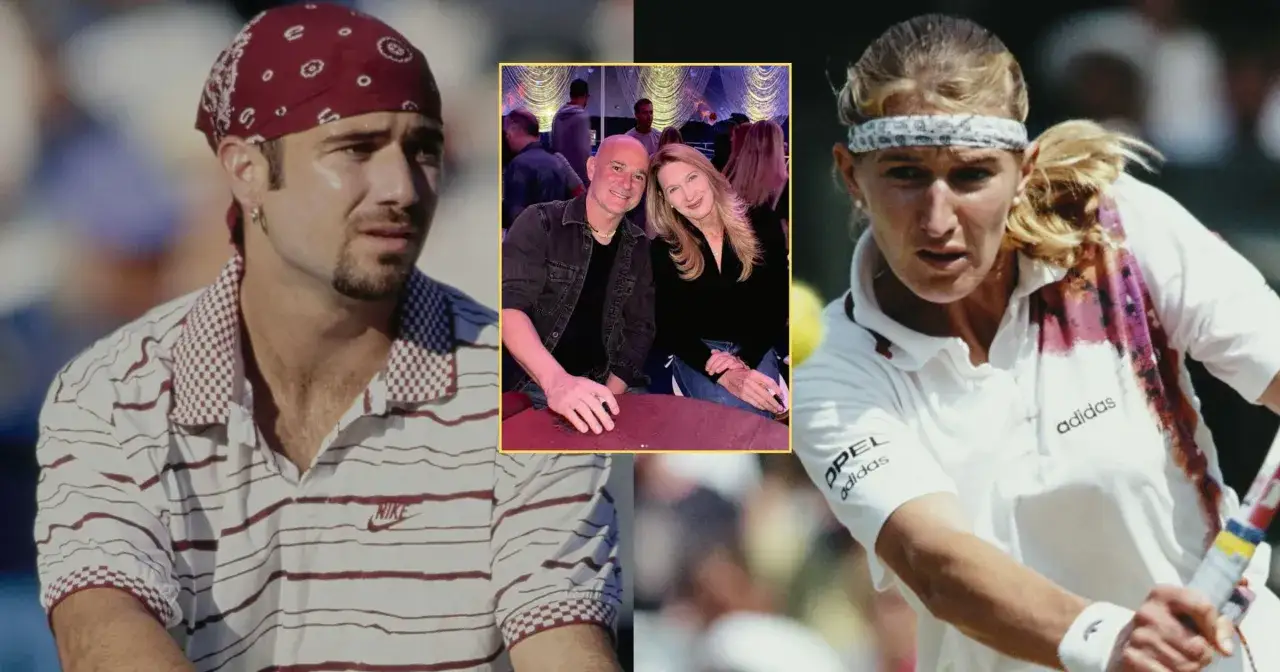 Andre Agassi w opasce i Steffi Graf na korcie, a w środku para: Andre Agassi i Steffi Graf.